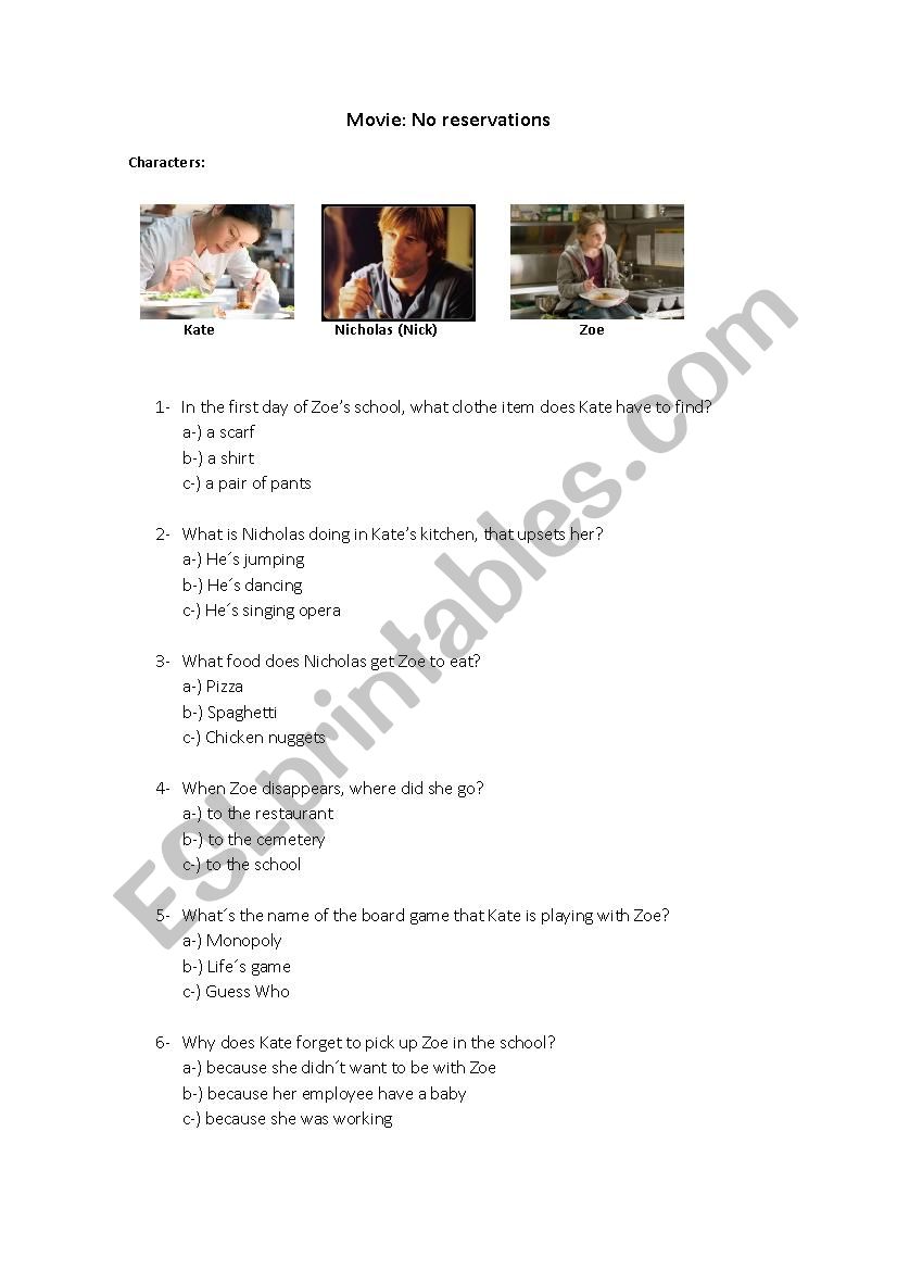 Movie No Reservations worksheet