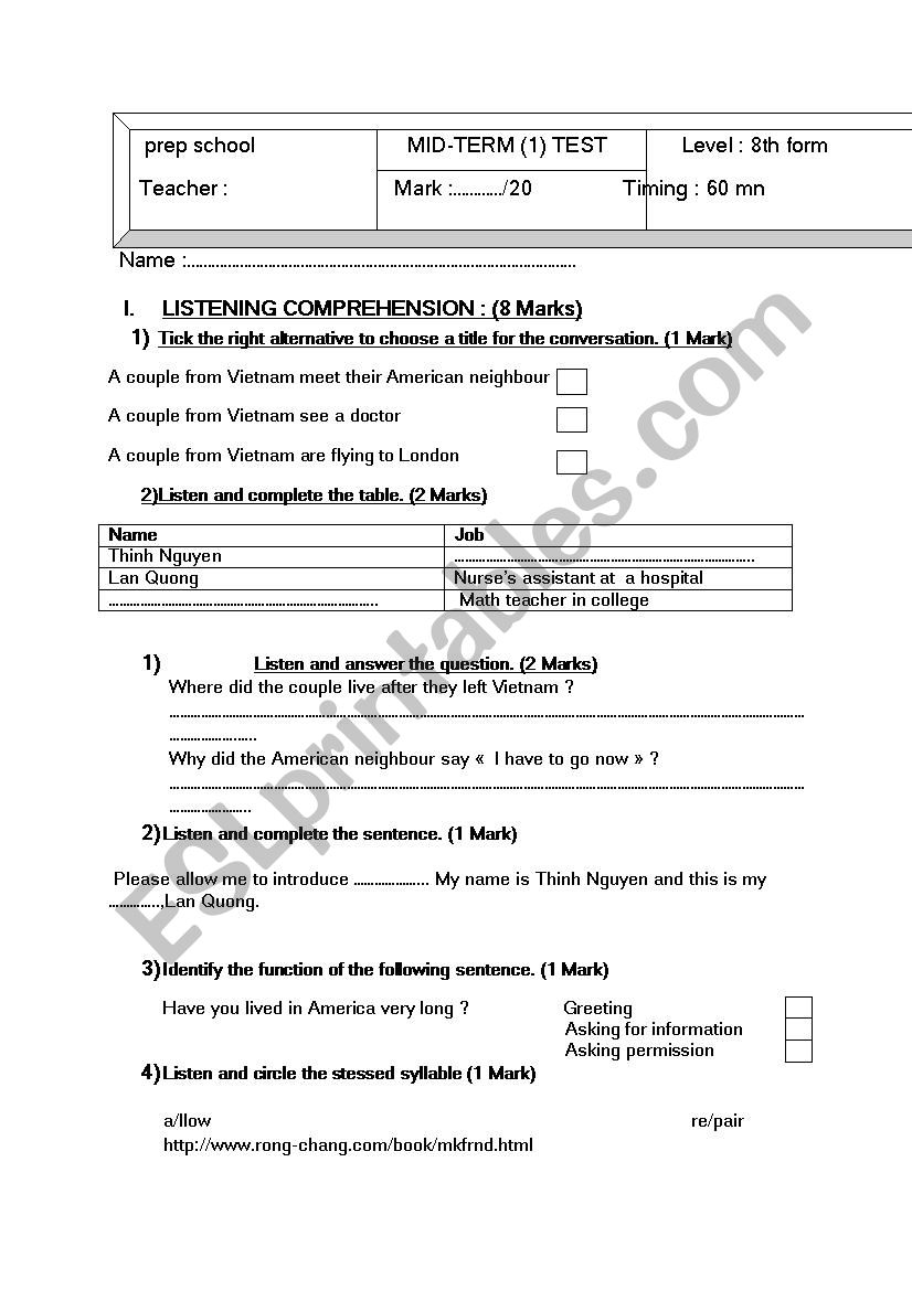 8 th form test listening part worksheet