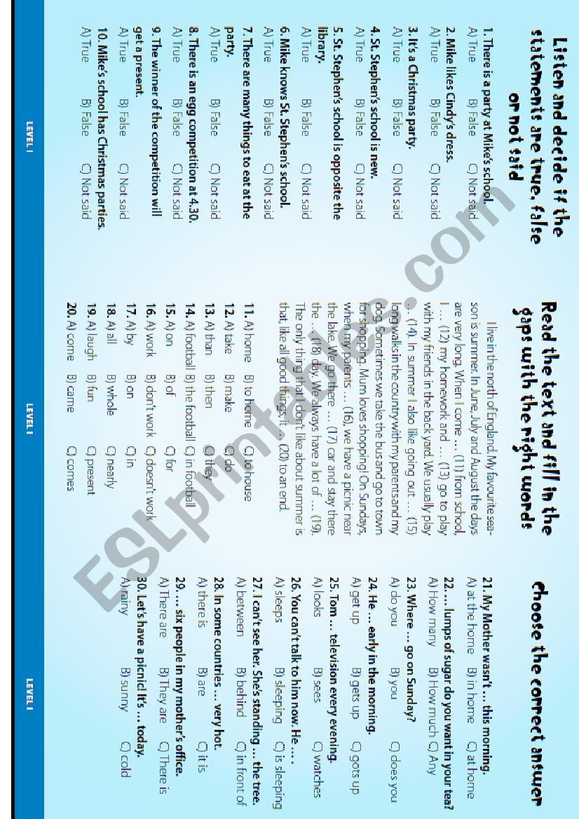 test for 1 level worksheet