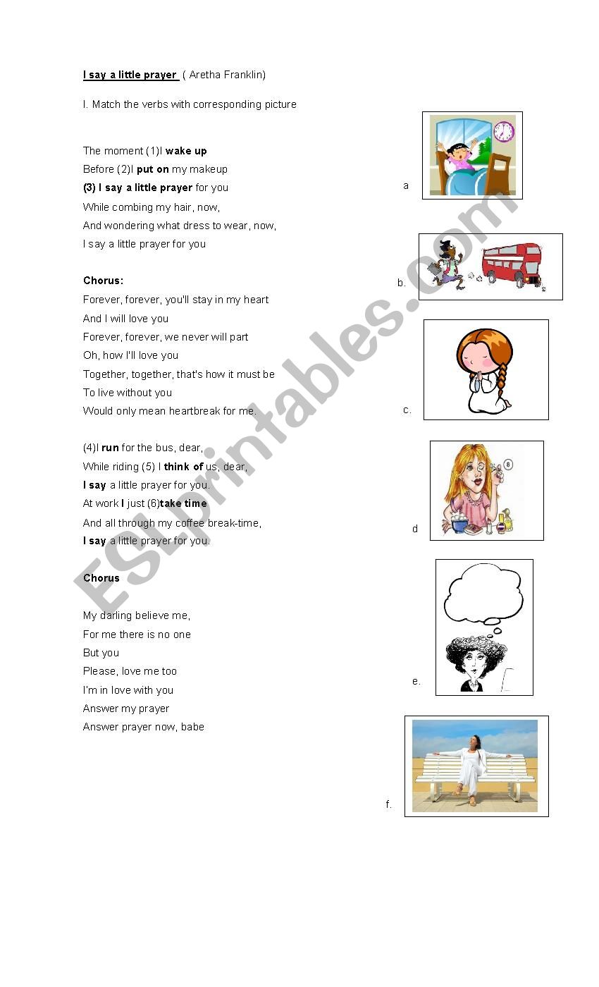 I say a little prayer  worksheet