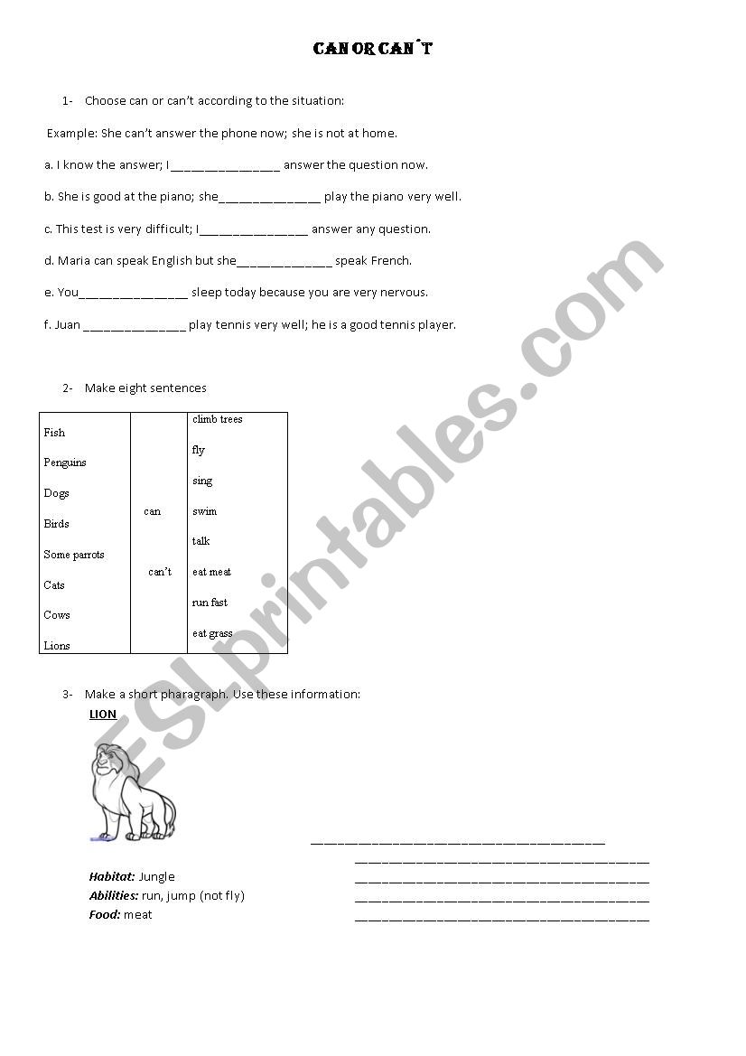 Can or Cant worksheet