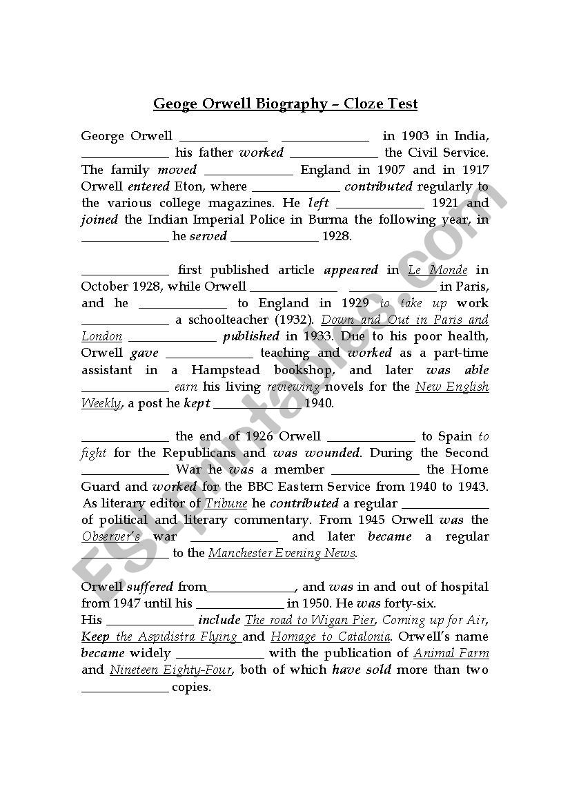 GEORGE ORWELL BIO CLOZE TEST WITH KEY