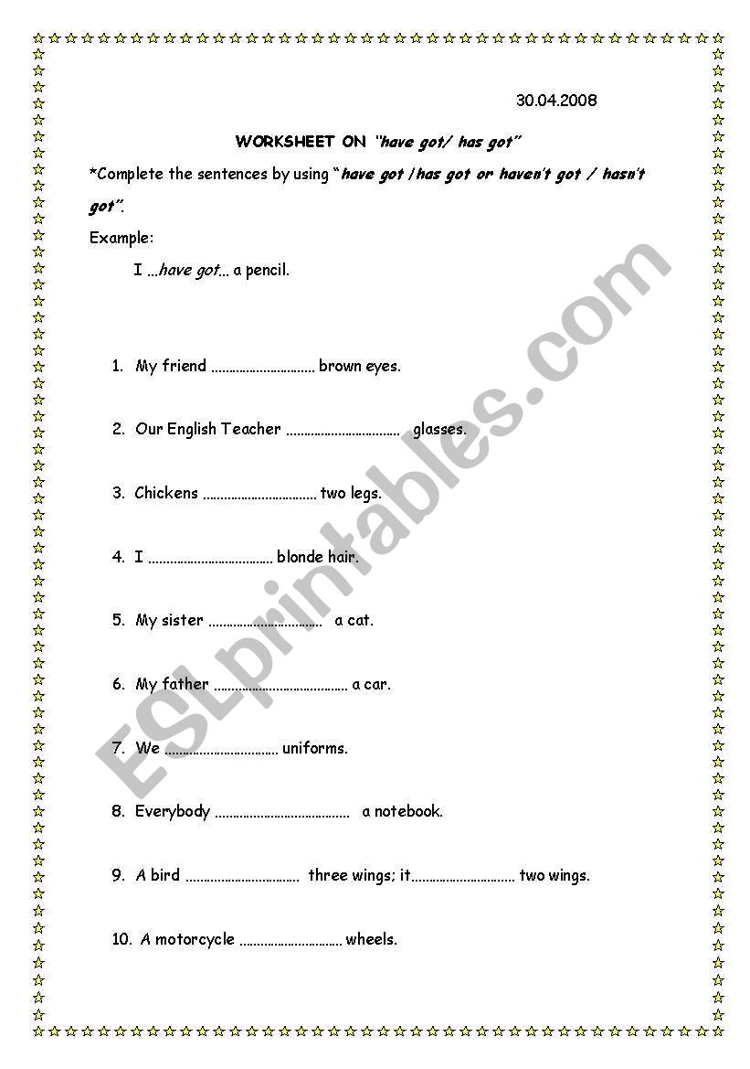 a worksheet on have got/has got