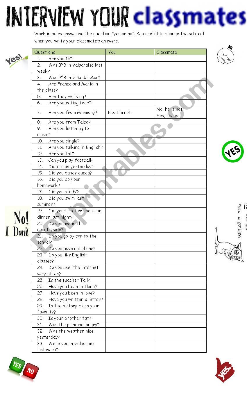 yes or no quesstions  worksheet