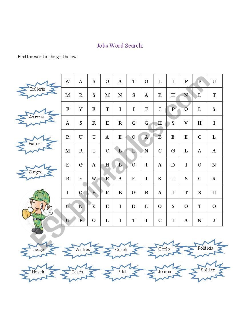 Job wordsearch worksheet