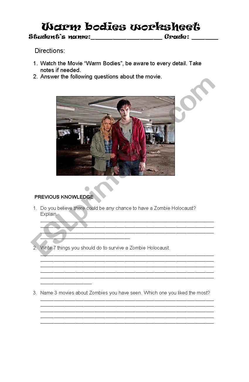 Warm bodies movie worksheet worksheet