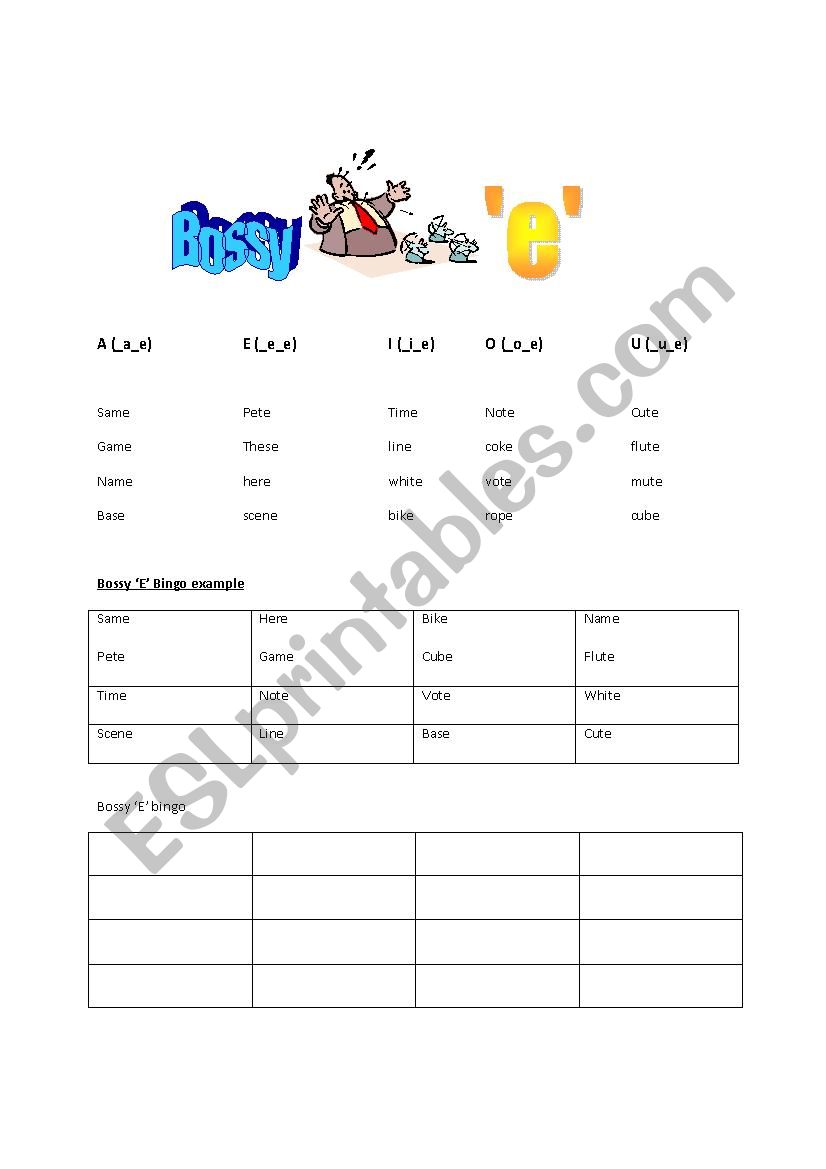 bossy e bingo worksheet