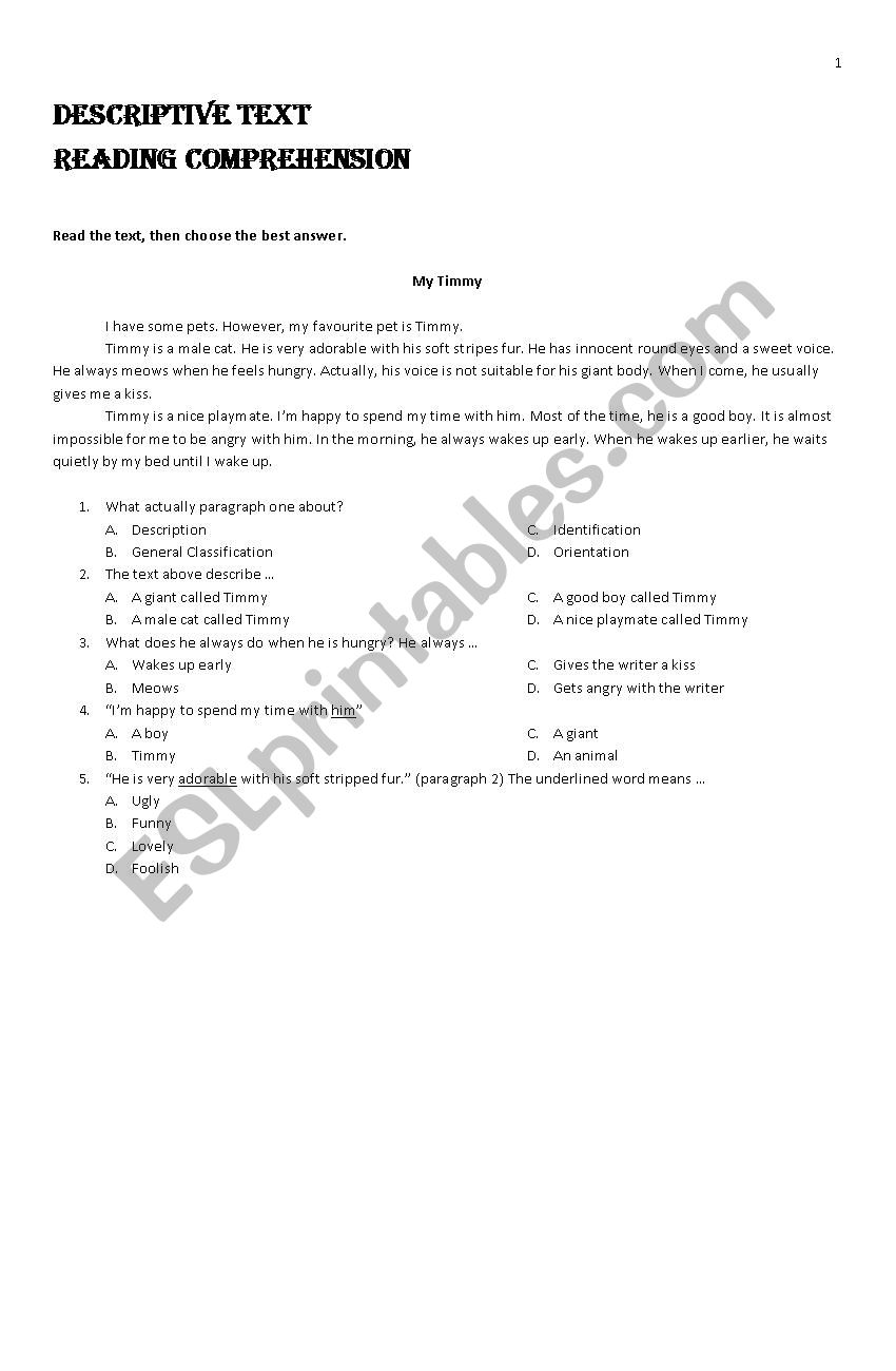 descriptive text worksheet