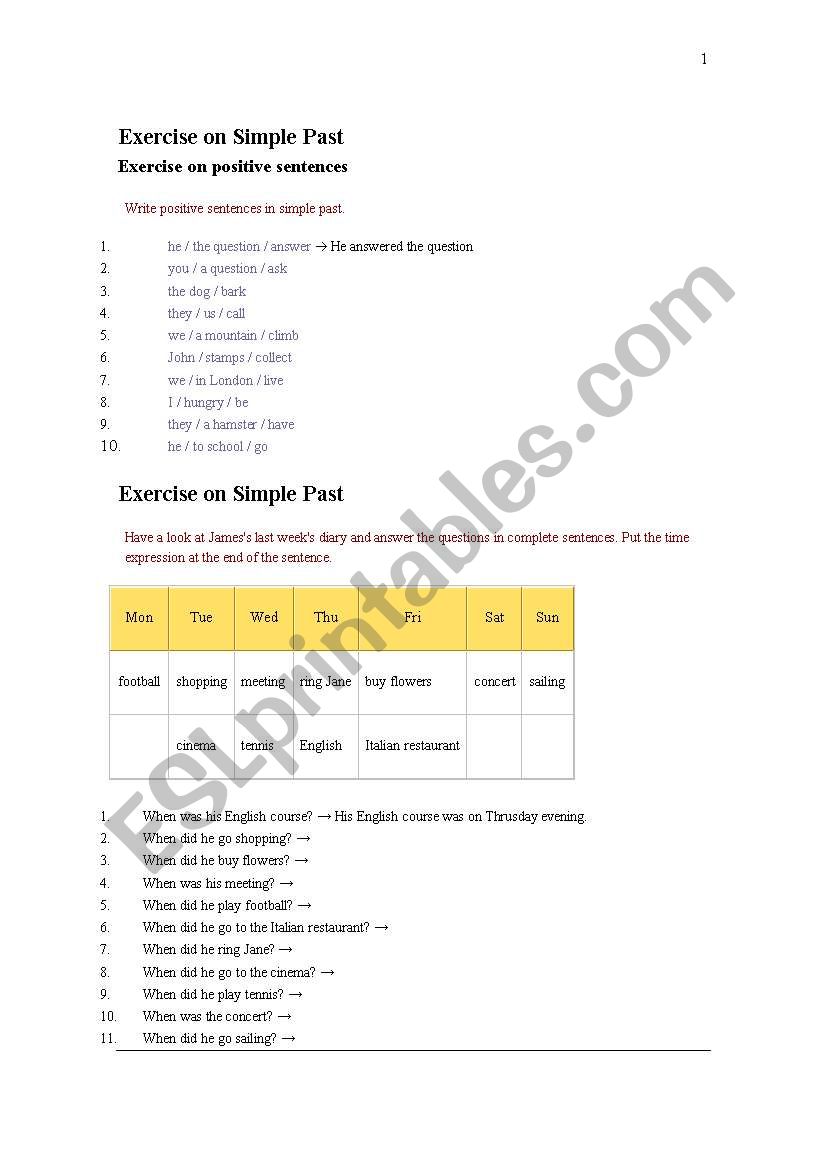 Activities on Simple Past worksheet