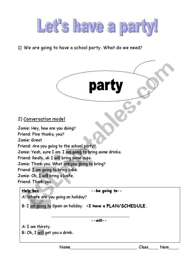 will vs going to PARTY worksheet