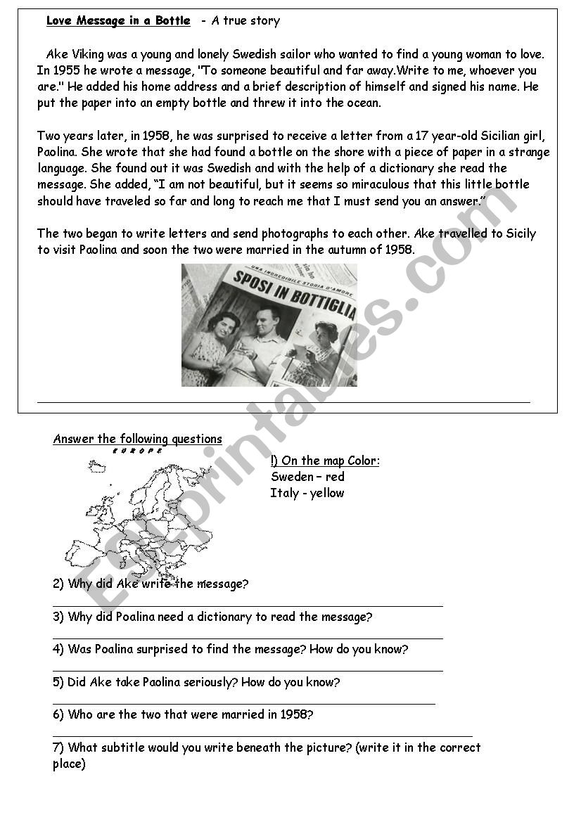 Love in a Bottle worksheet