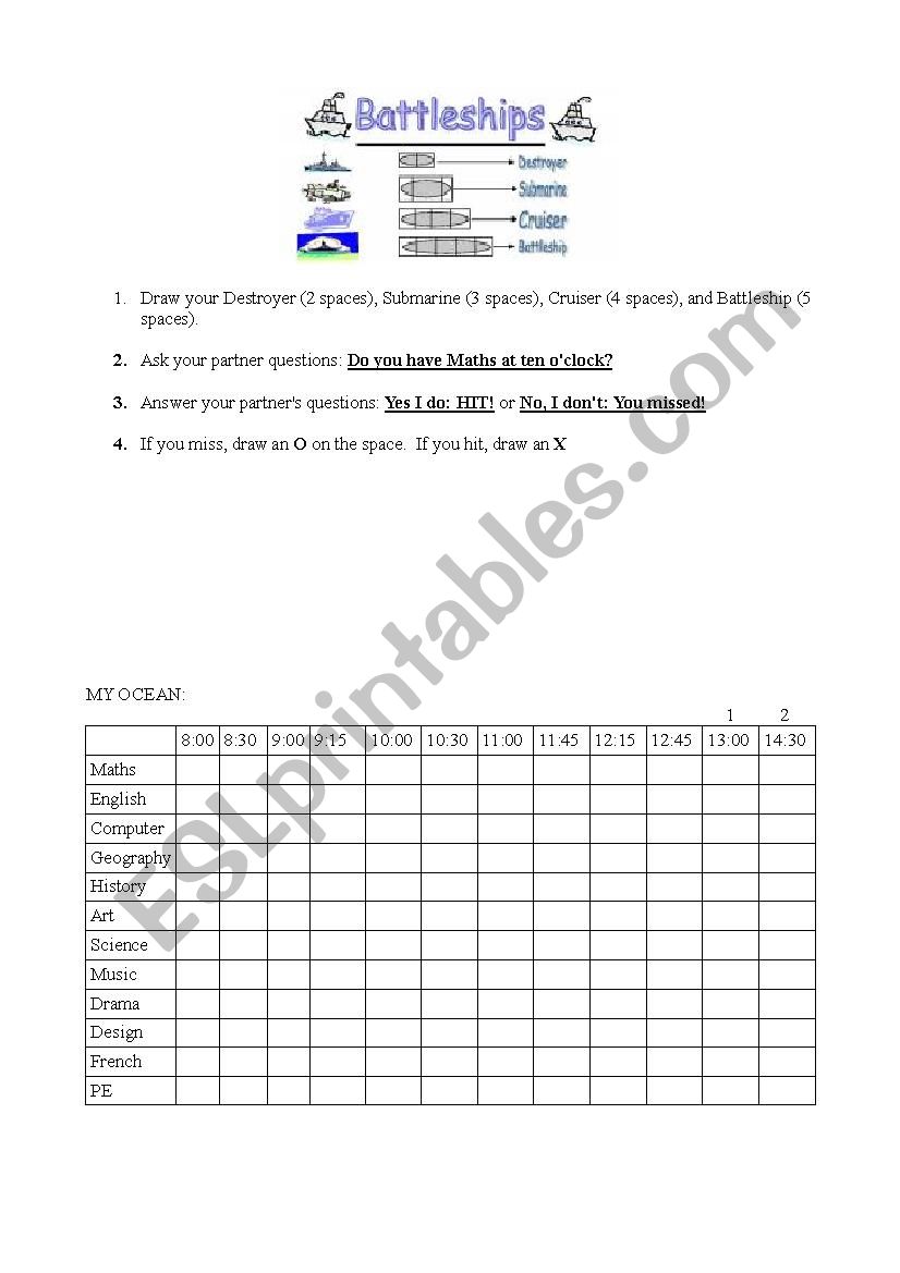 Daily Routine Battleship worksheet