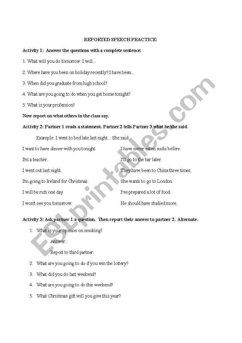 Reported Speech Practice worksheet