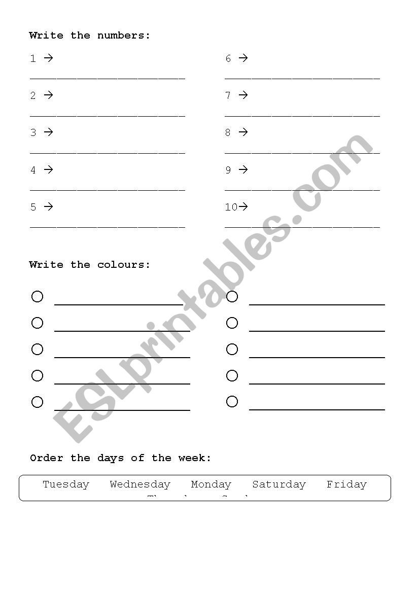 Numbers, days of the week and colours worksheet