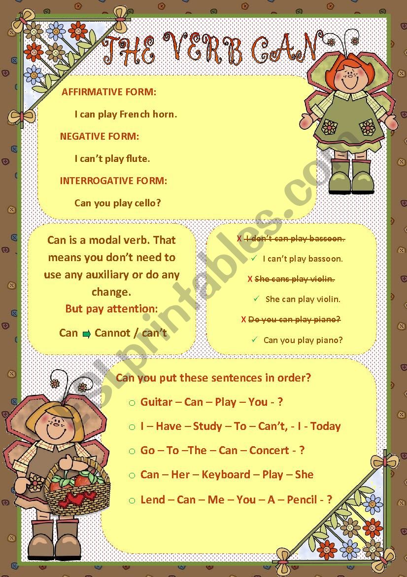 The verb can worksheet