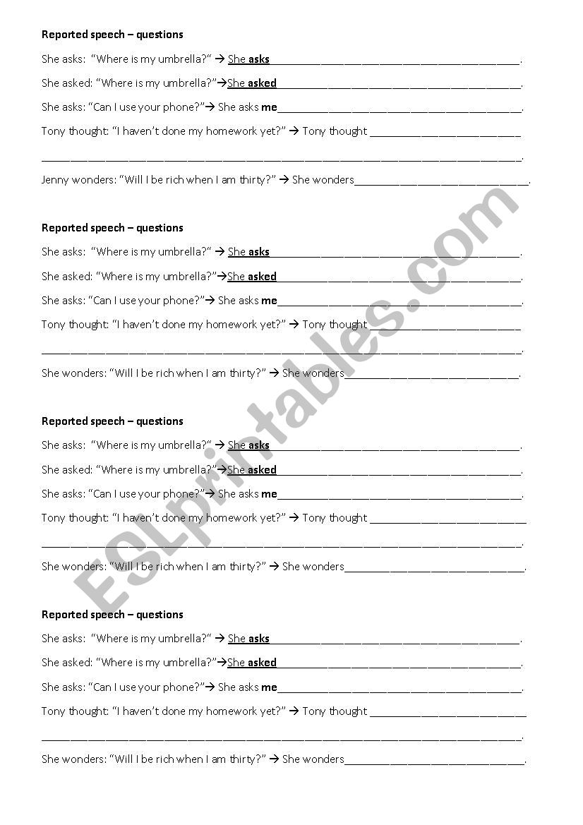 Reported speech - questions worksheet