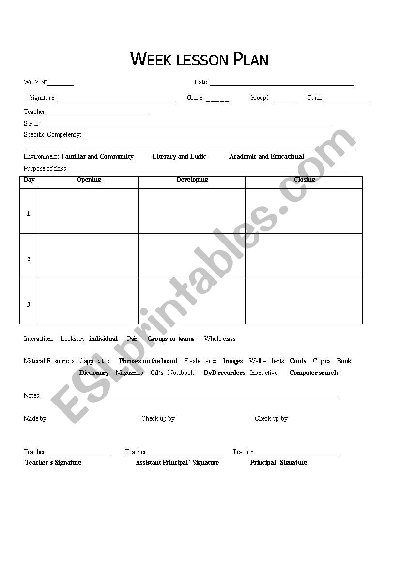 Weekly lesson plan worksheet