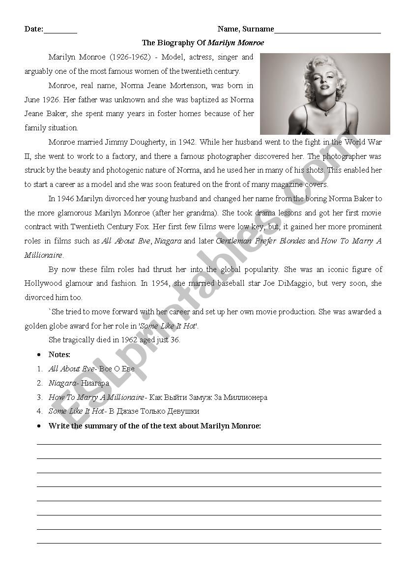 Marilyn Monroe- Biography worksheet