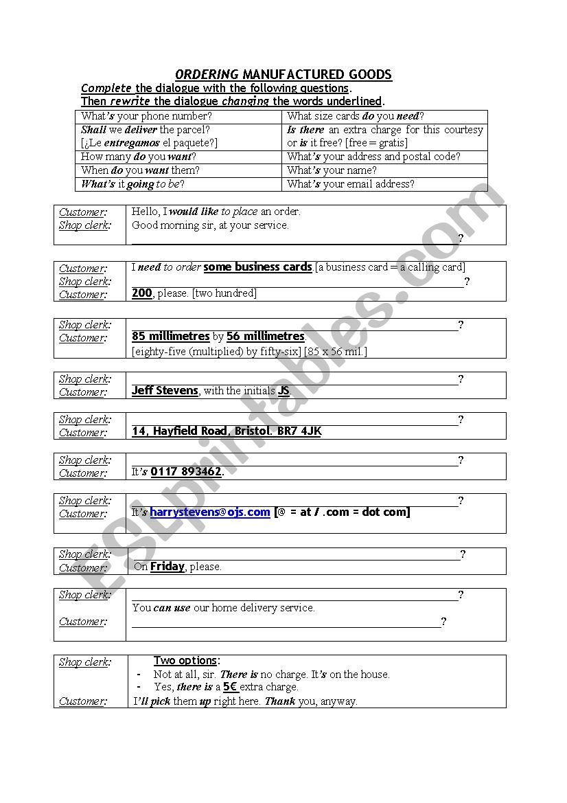 Ordering manufactured goods at a hardware store with key