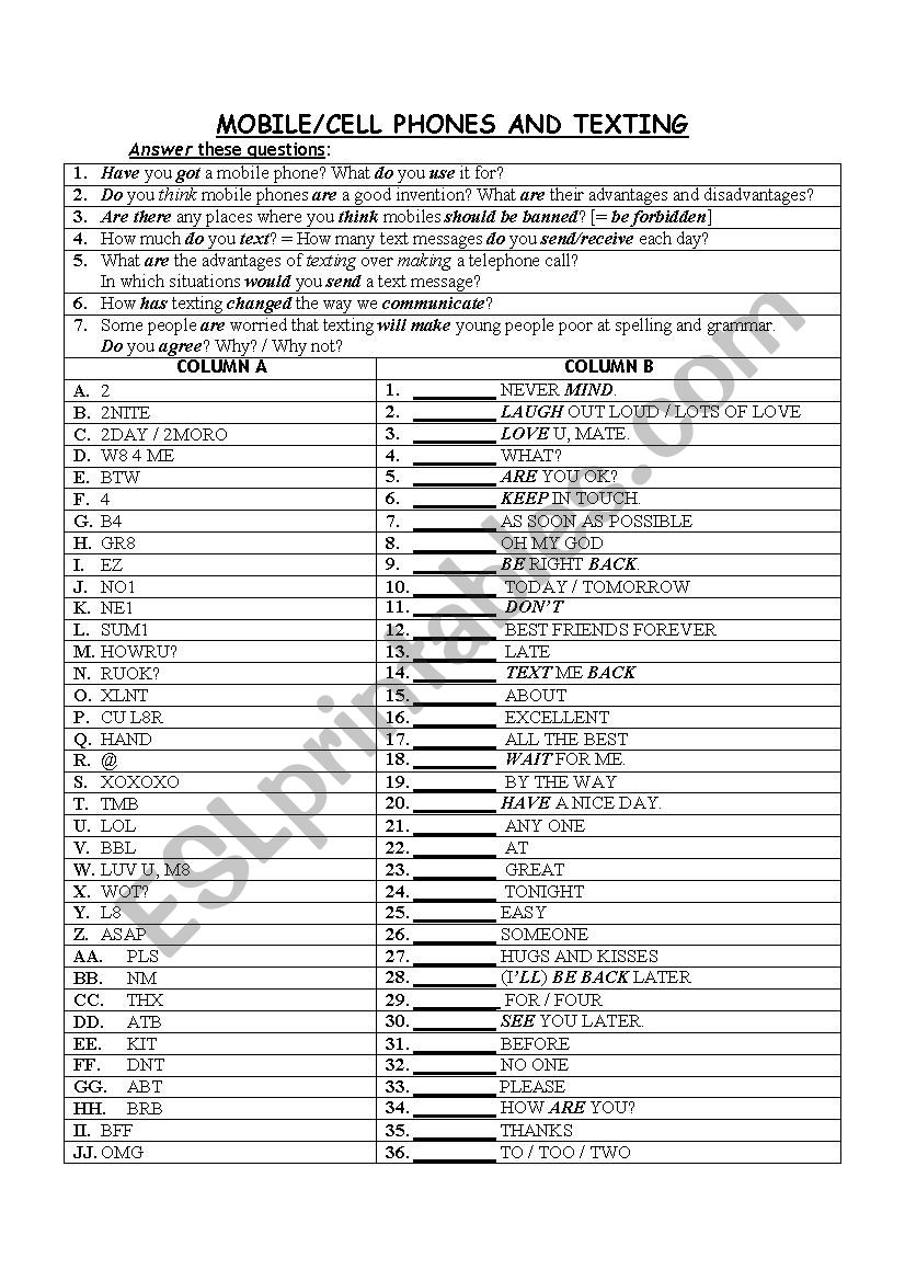 MOBILE TEXTING WITH ANSWERS worksheet