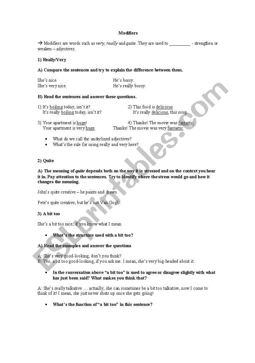 modifiers worksheet