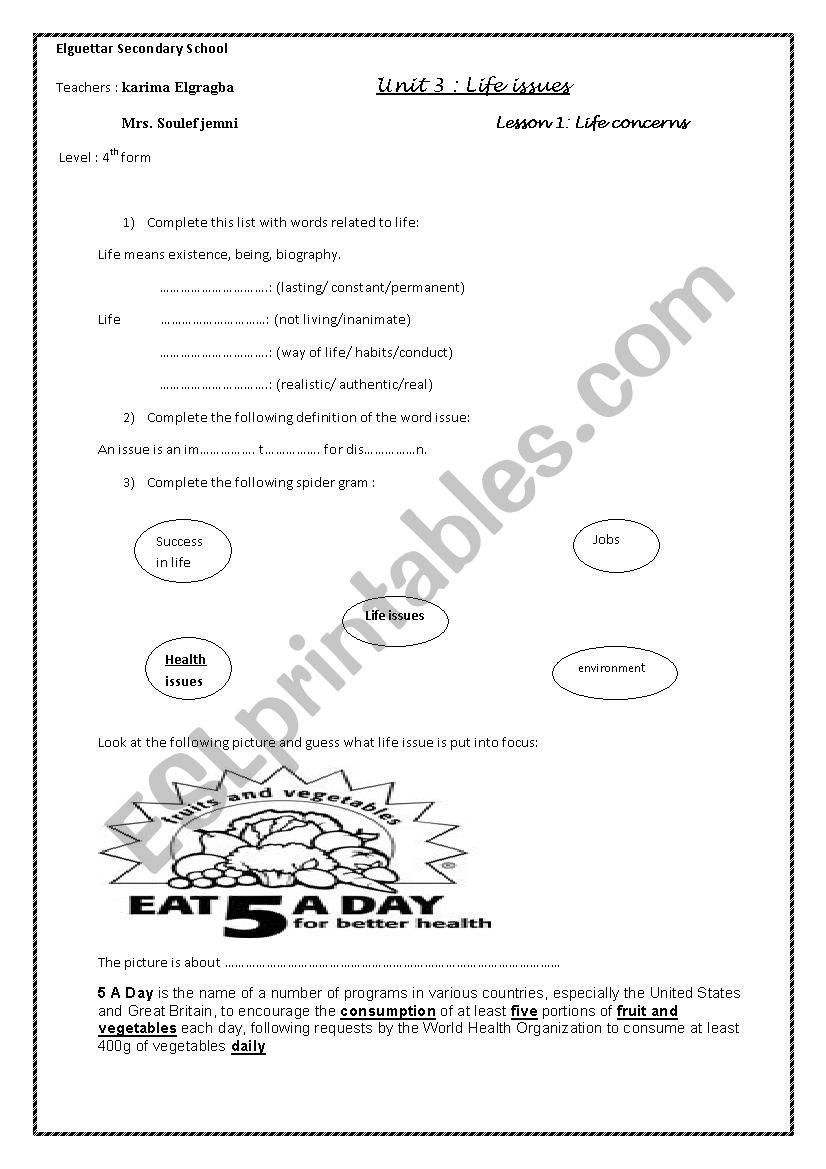 unit 4 lesson 1 life concerns worksheet