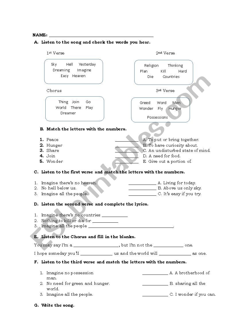 IMAGINE JHON LENNON worksheet