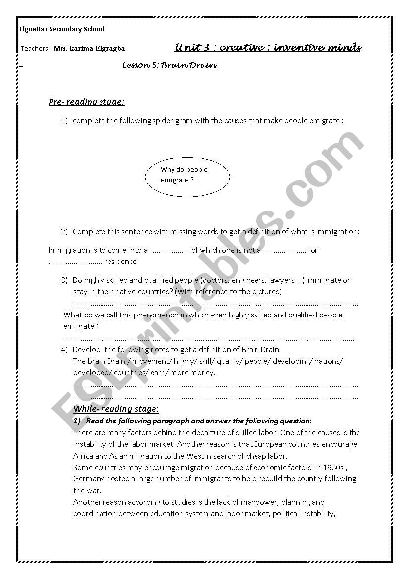 Brain Drain ( part 1) worksheet