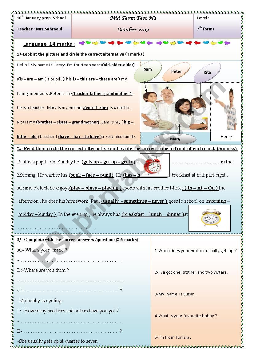 mid term test n1 7th form worksheet