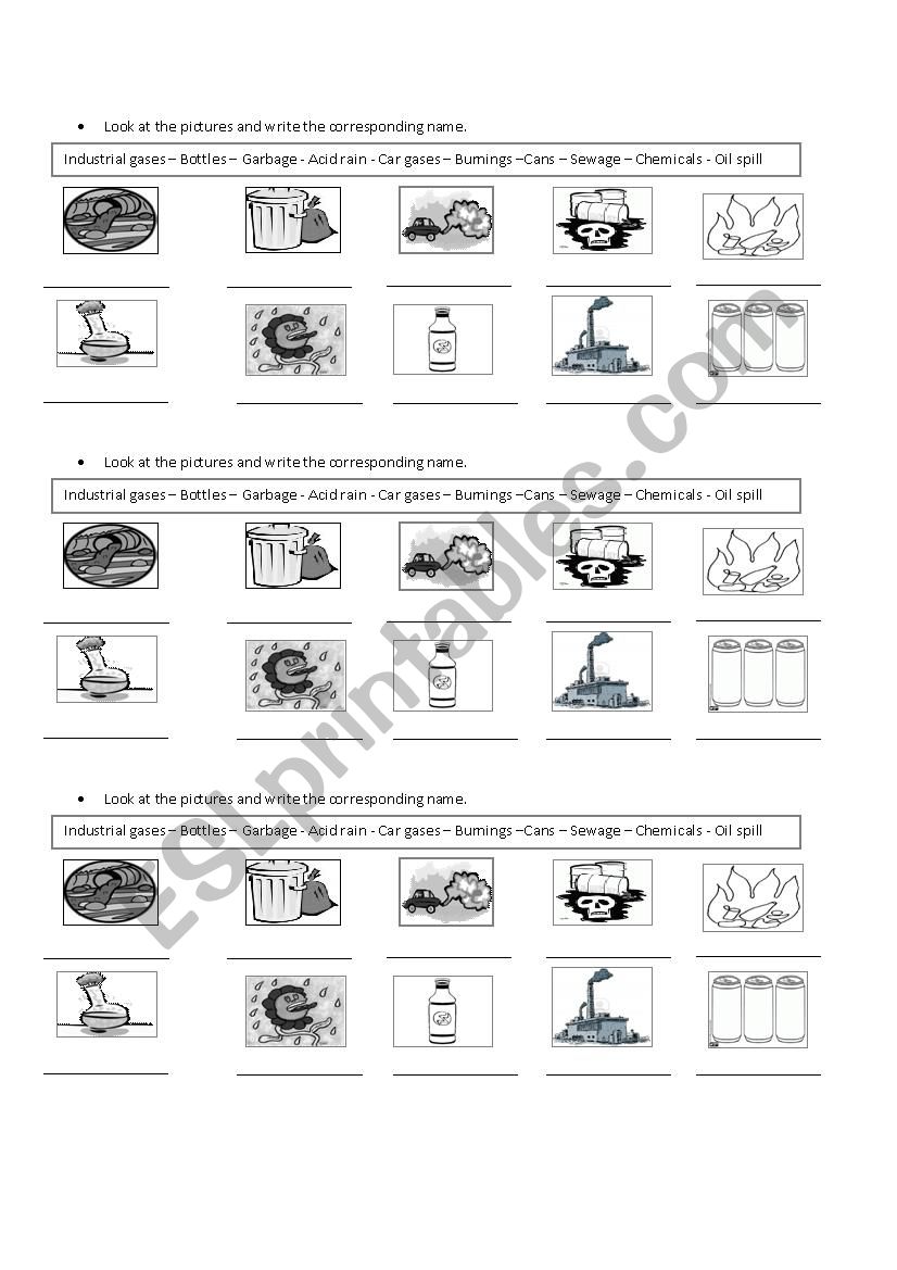 Causes of pollution worksheet