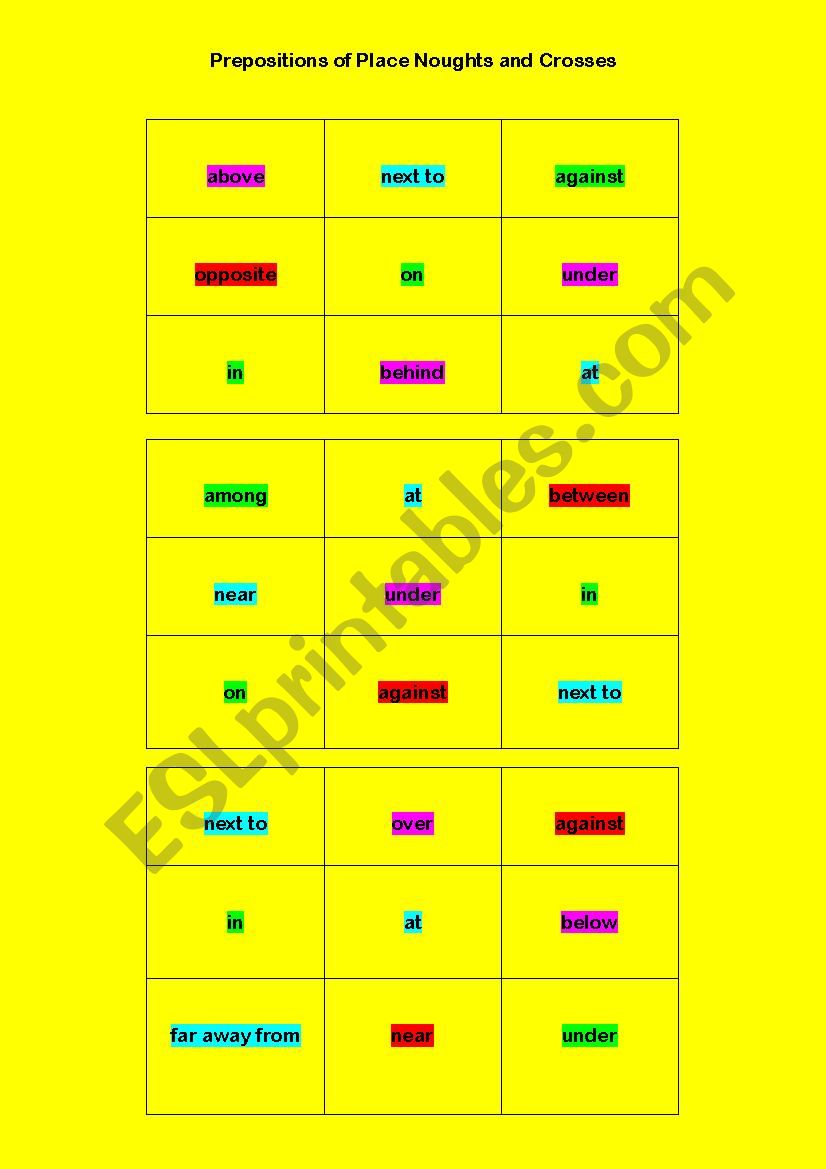 Prepositions of  Place Noughts and Crosses/Tic-Tac-Toe Game