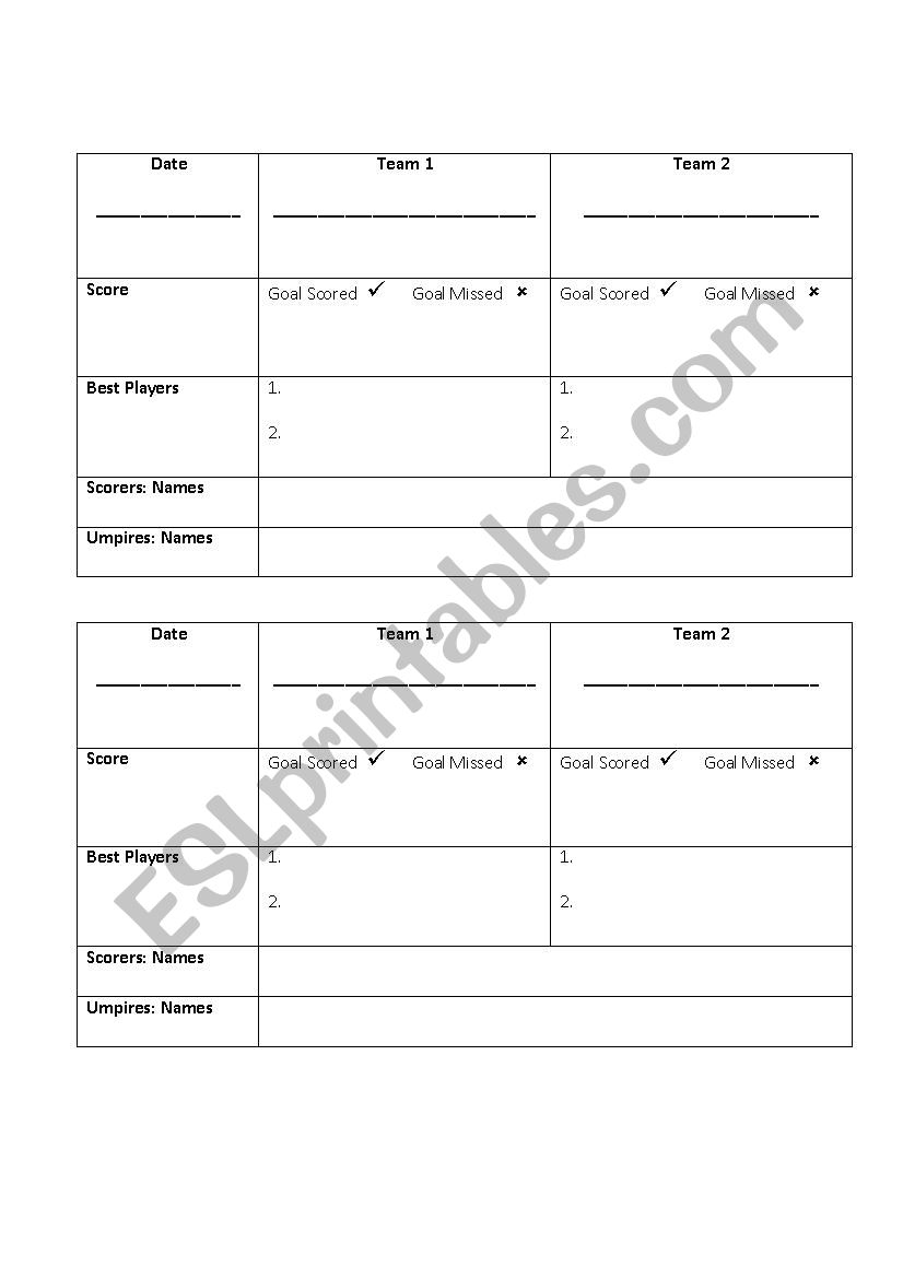 Netball Scoresheet worksheet