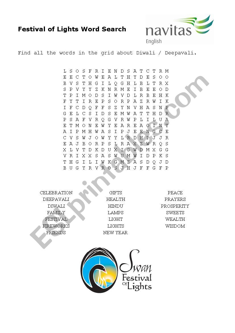 Word Search - Diwali Deepavali Festival of Lights vocab