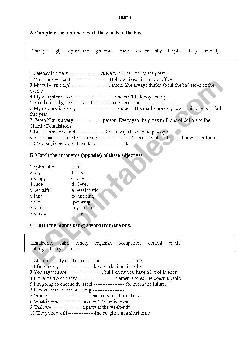 Personality Adjectives worksheet
