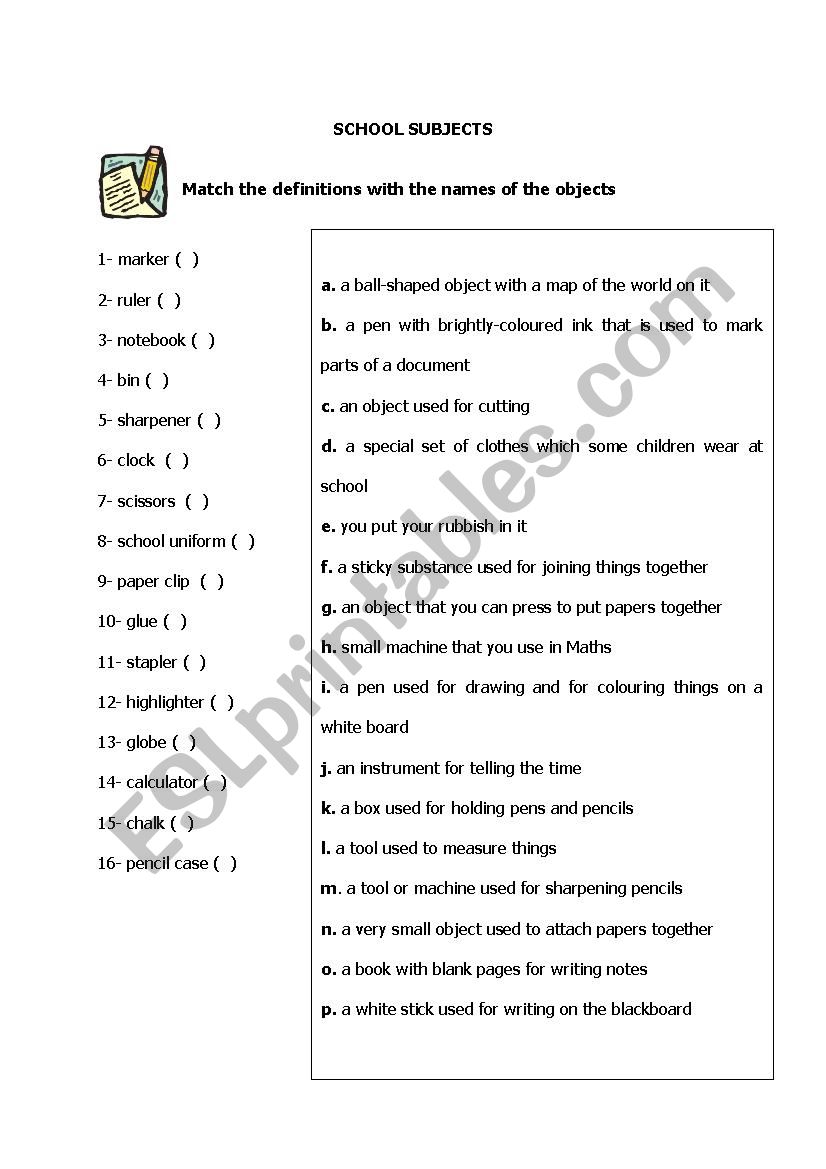 School Objects worksheet