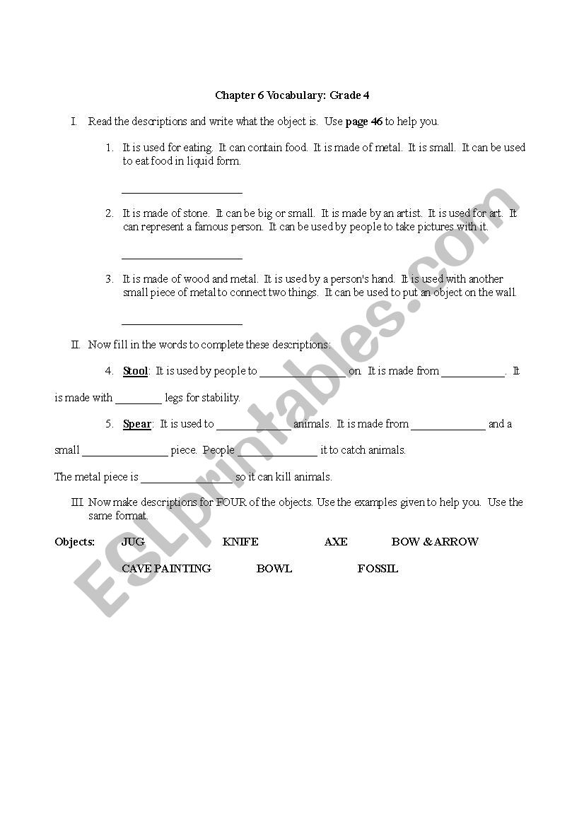 Caveman vocabulary worksheet