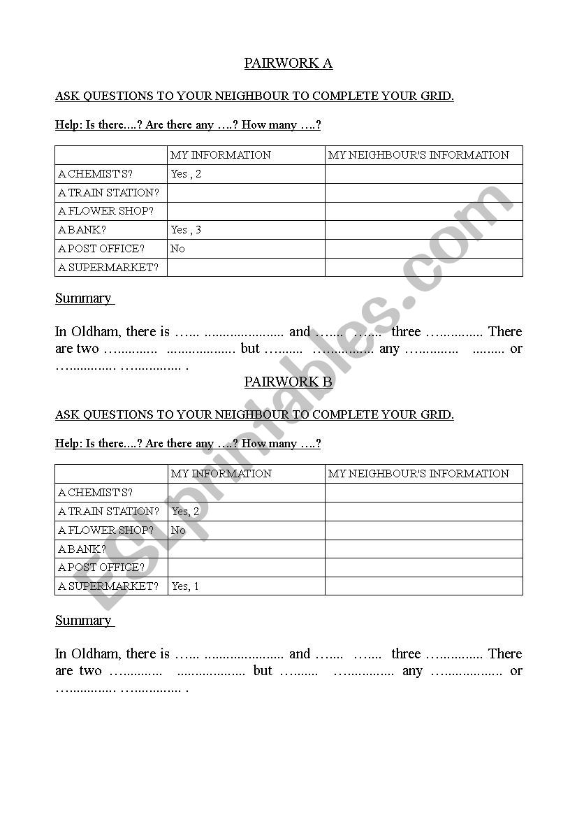 Places in town pairwork worksheet