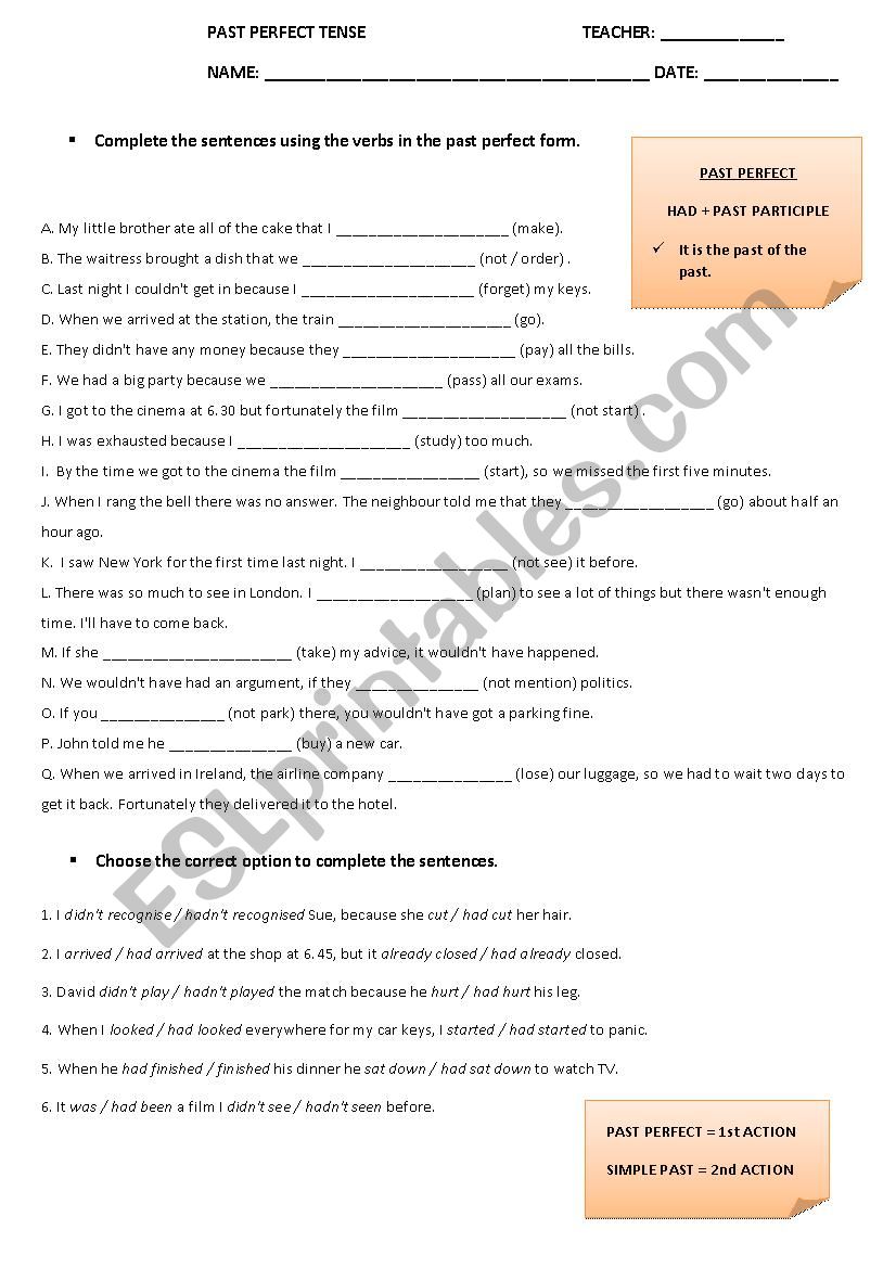 Past Perfect Worksheet worksheet