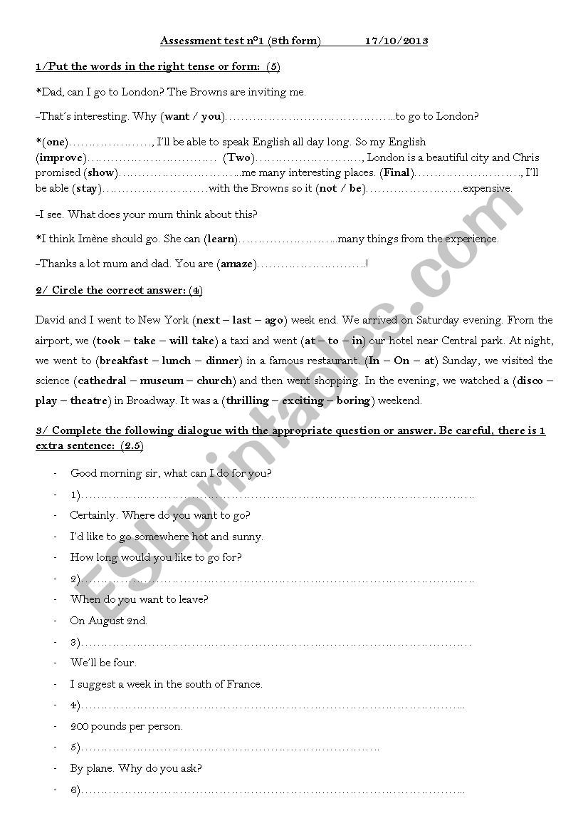 assessment test th form worksheet