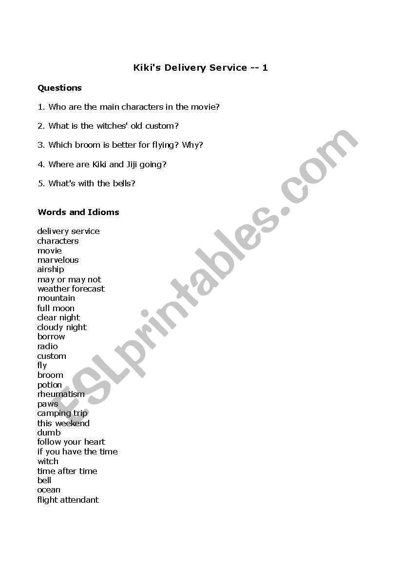Kikis Delivery Service worksheet
