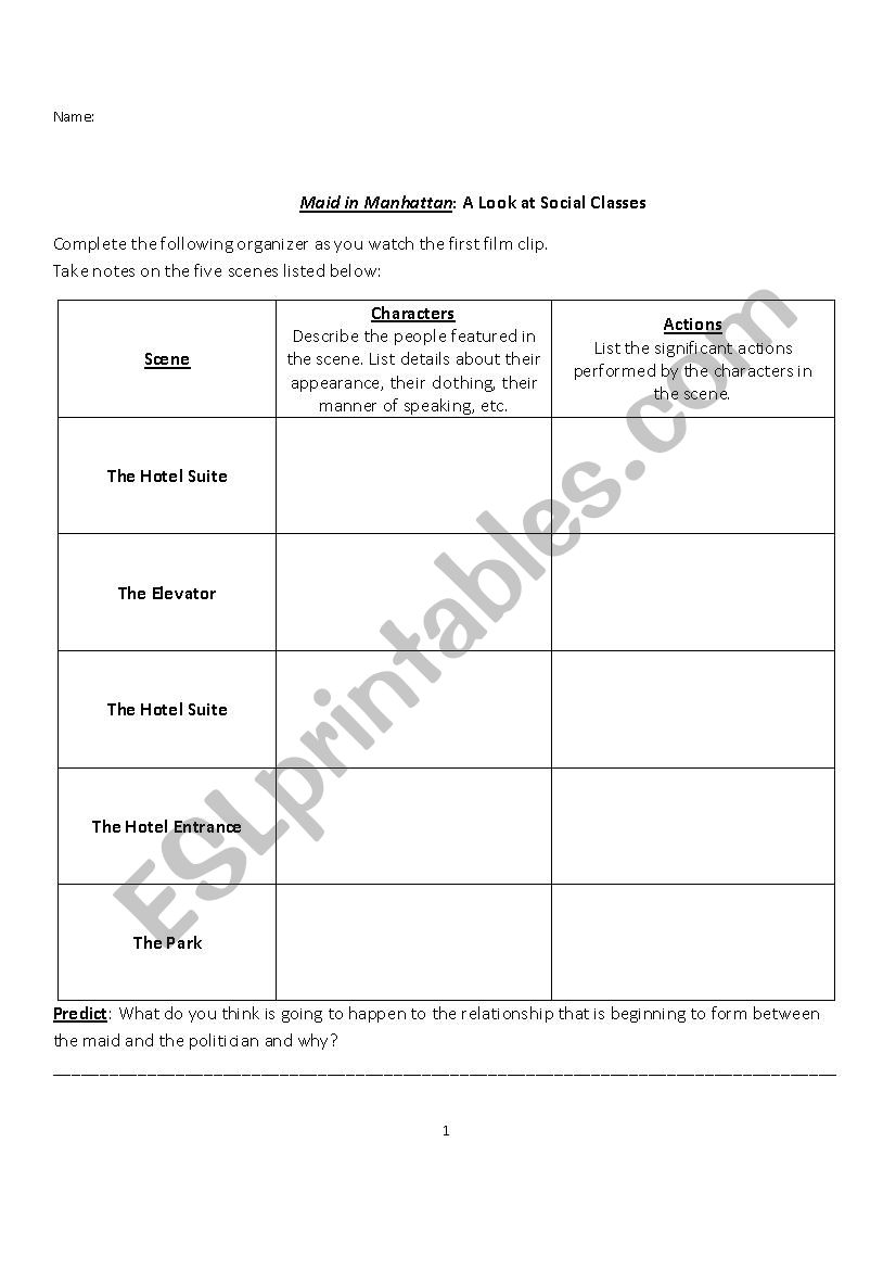 Maid in Manhattan worksheet