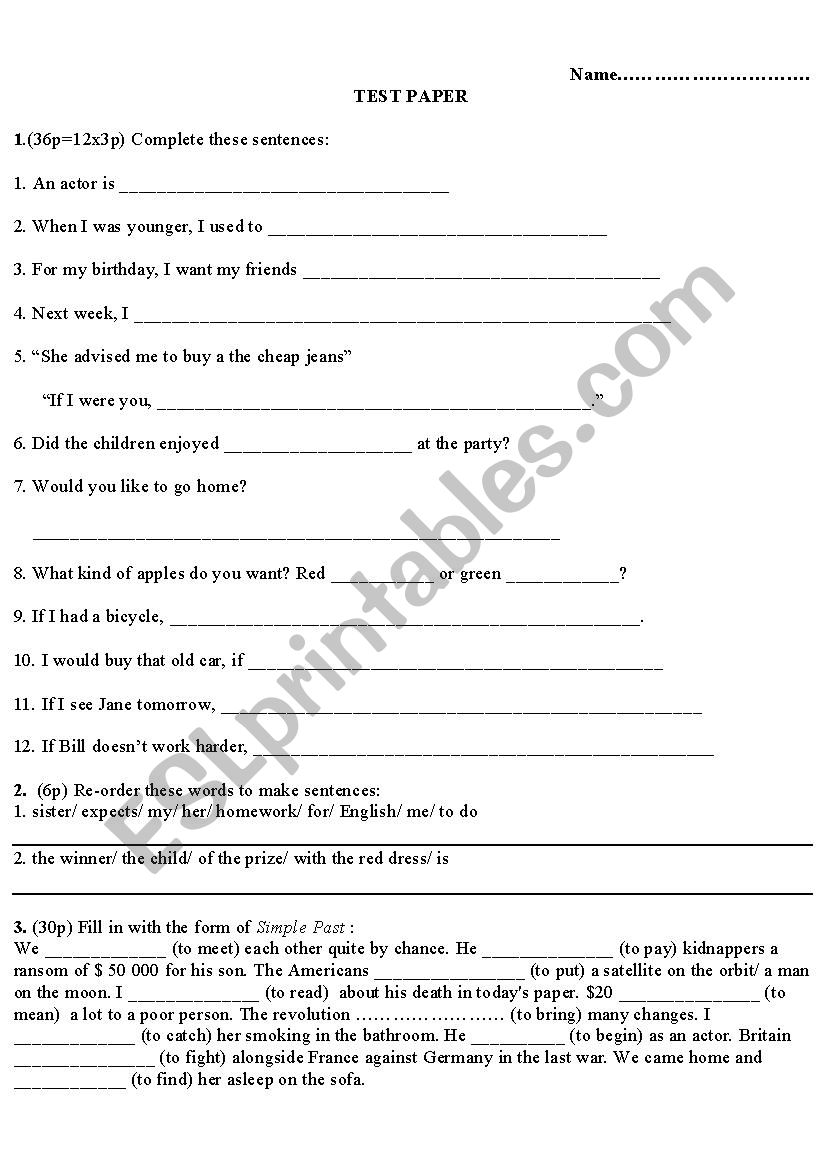 TEST PAPER worksheet