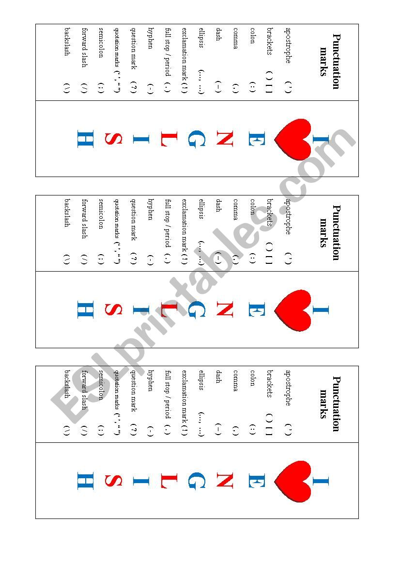 Bookmarks - Punctuation marks worksheet