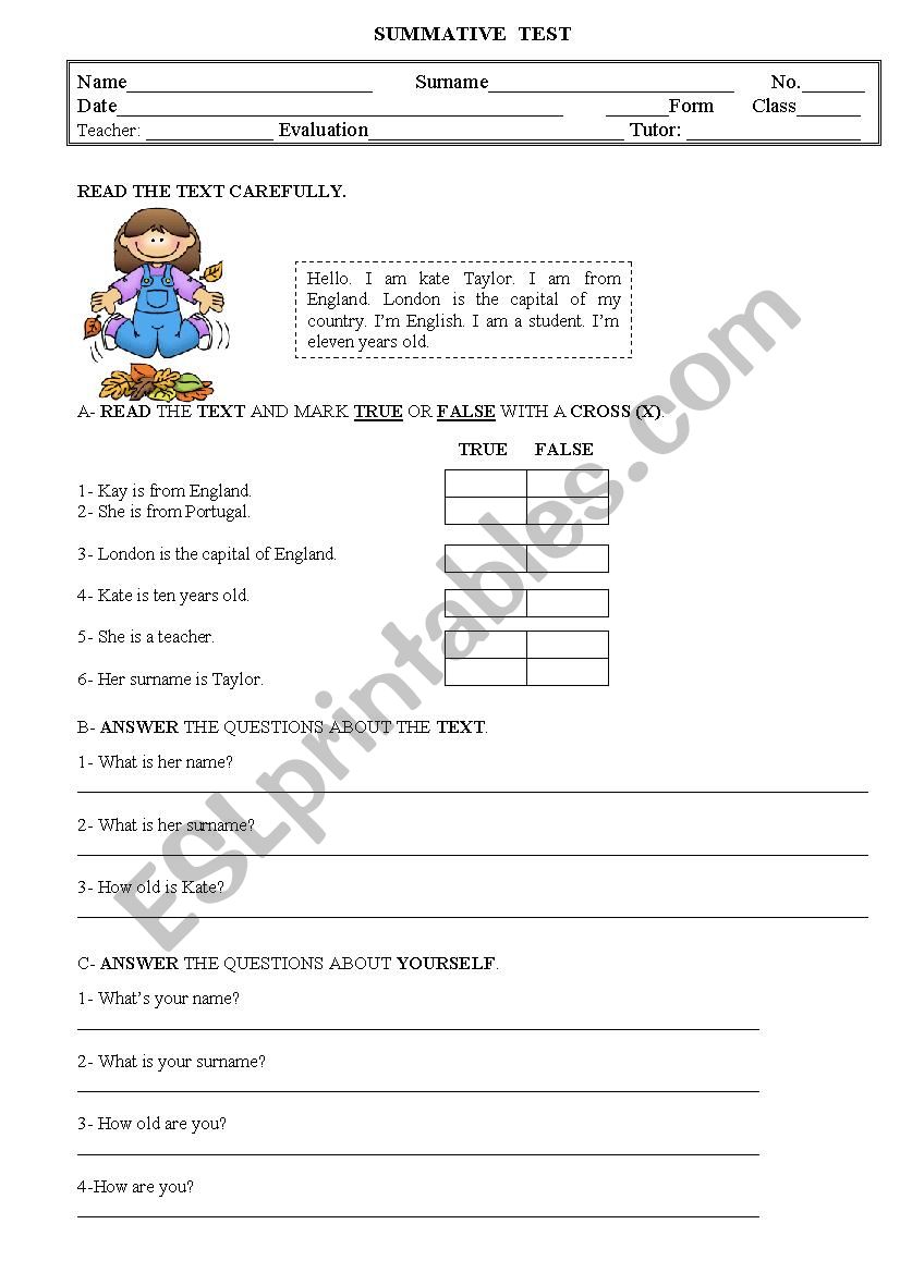 TEST, 5TH. GRADE, 1st. part worksheet