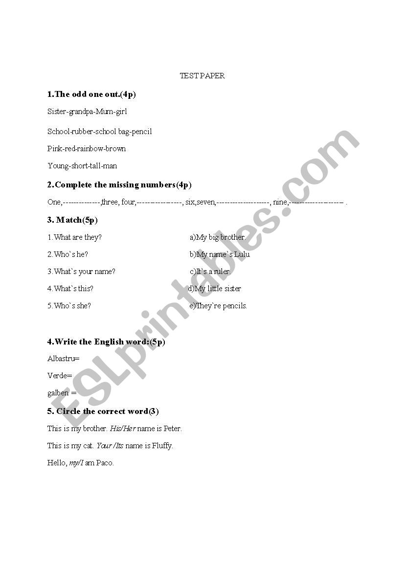 Simple test for beginners worksheet