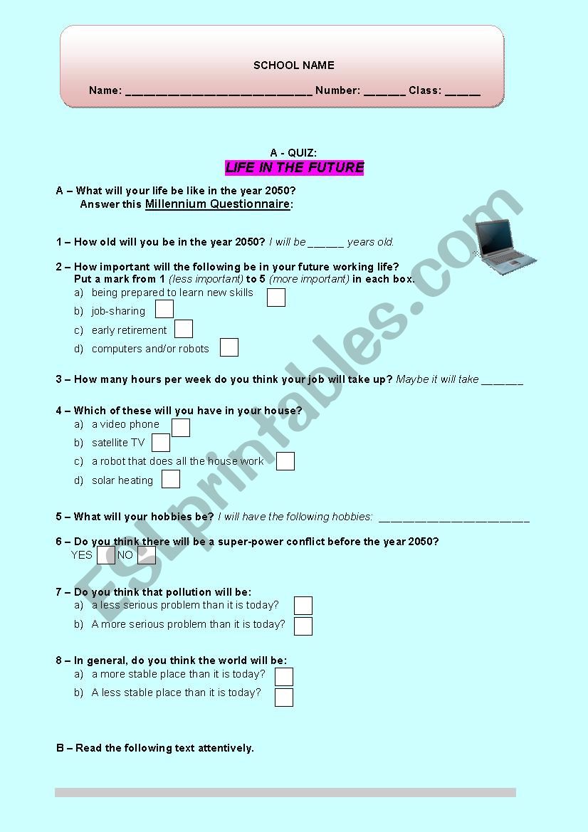LIFE IN THE FUTURE worksheet