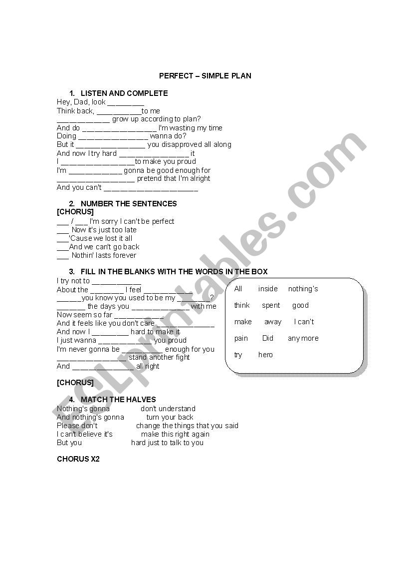 song perfect by simple plan worksheet