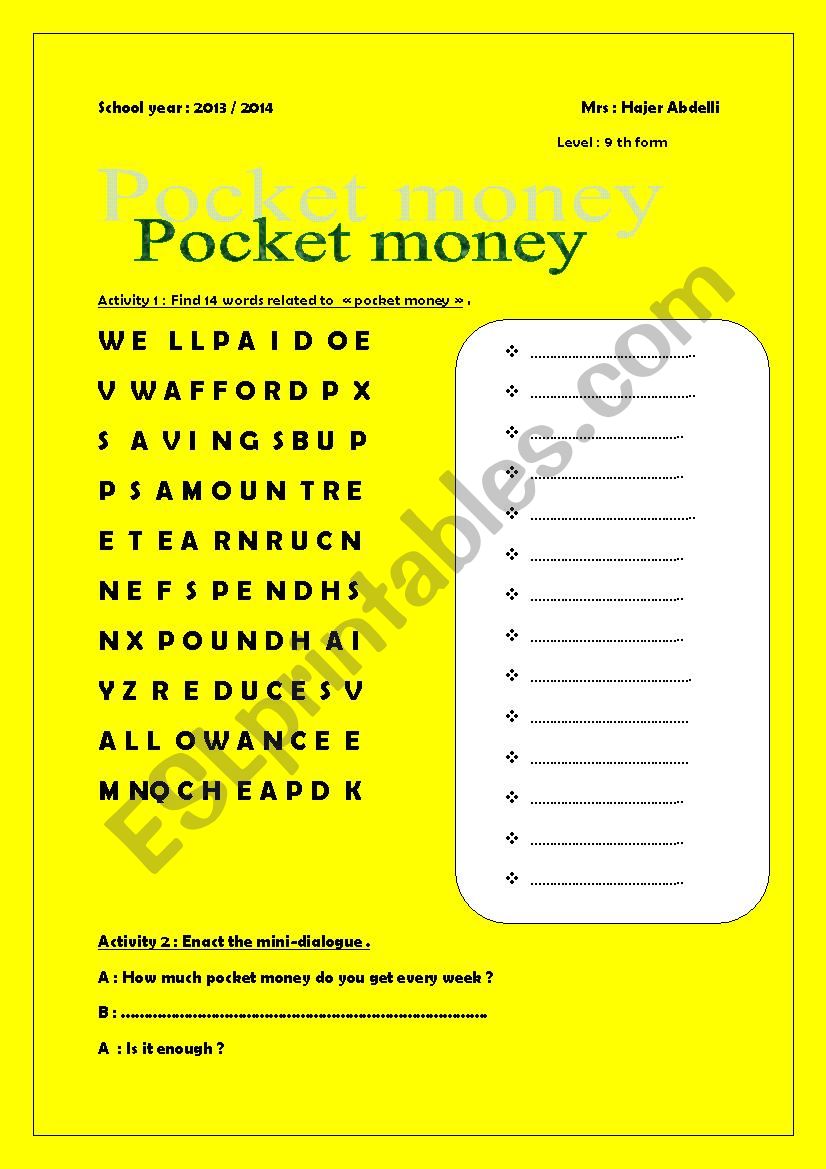 pocket money worksheet