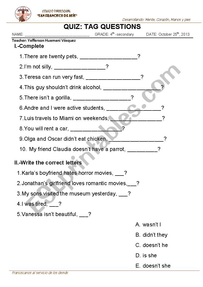 Tag questions worksheet