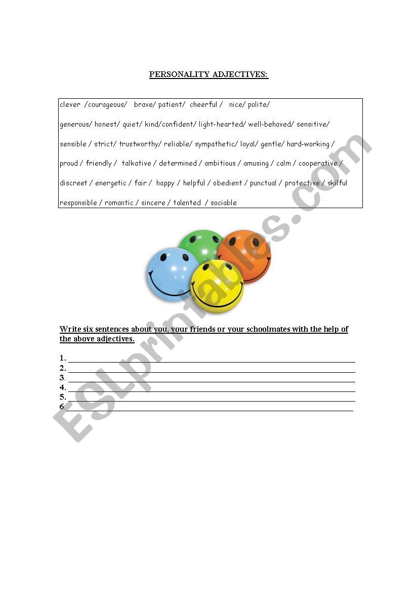 Personality adjectives worksheet